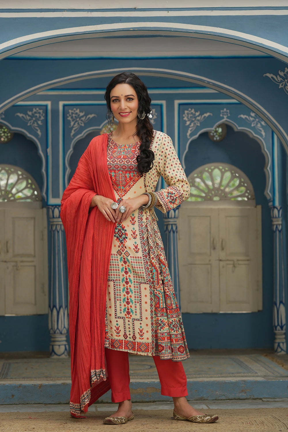 Juniper Off - White Rayon Festive Printed A-Line Skd For Women - Distacart