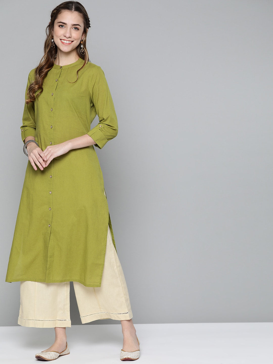 HERE&NOW Women Olive Green Solid Pure Cotton Kurta - Distacart