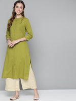 Thumbnail for HERE&NOW Women Olive Green Solid Pure Cotton Kurta - Distacart
