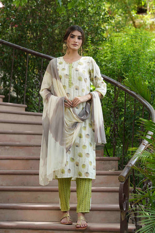 Juniper Green Rayon Casual Wear Printed Straight Kurta Pant Dupatta Set - Distacart
