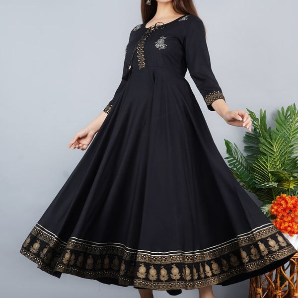 Kalini Women Black & Golden Floral Embroidered Anarkali Kurta - Distacart