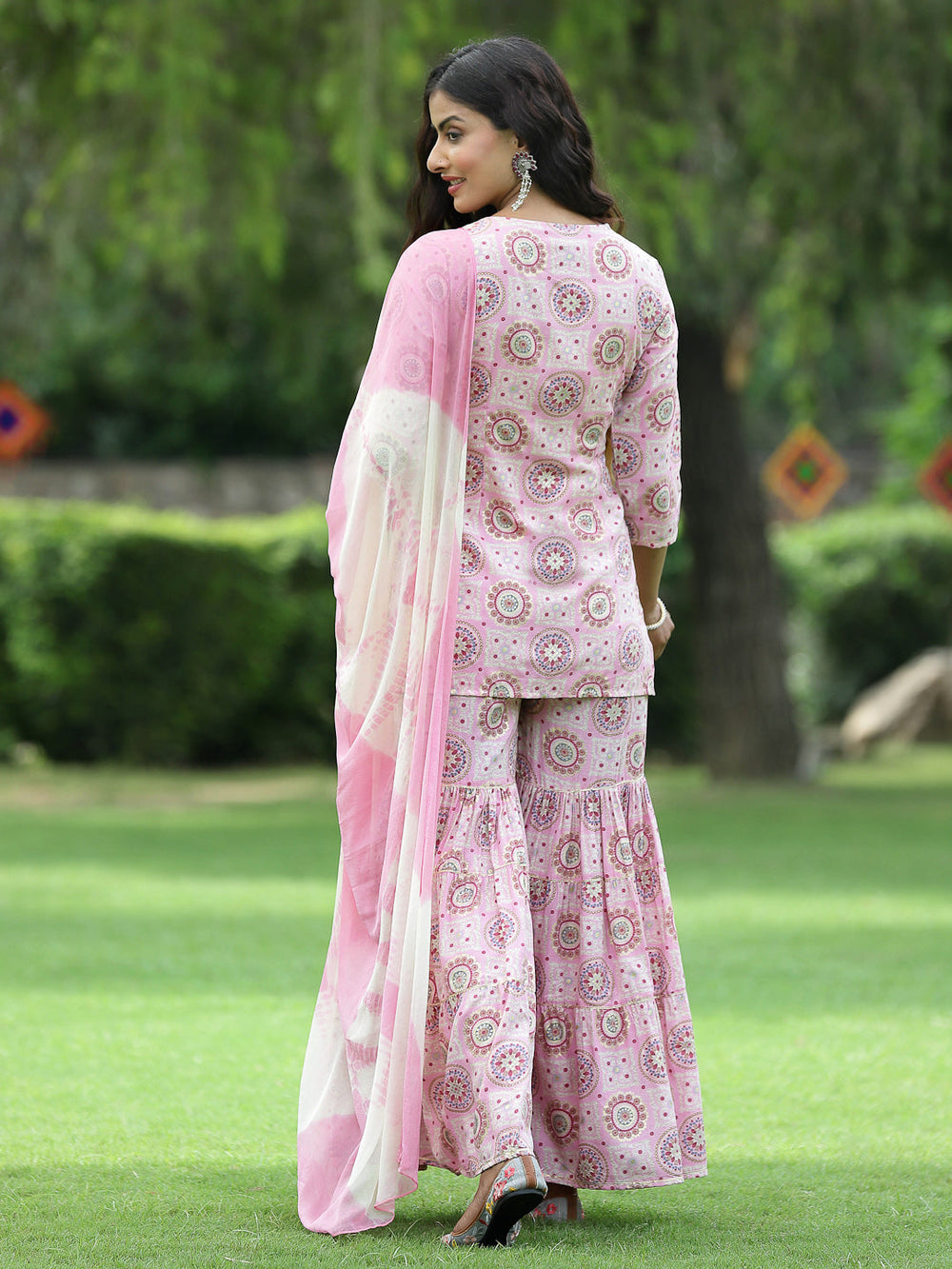 Juniper Pink Muslin Festive Wear Mirror Work Straight Kurta Sharara Dupatta Set - Distacart