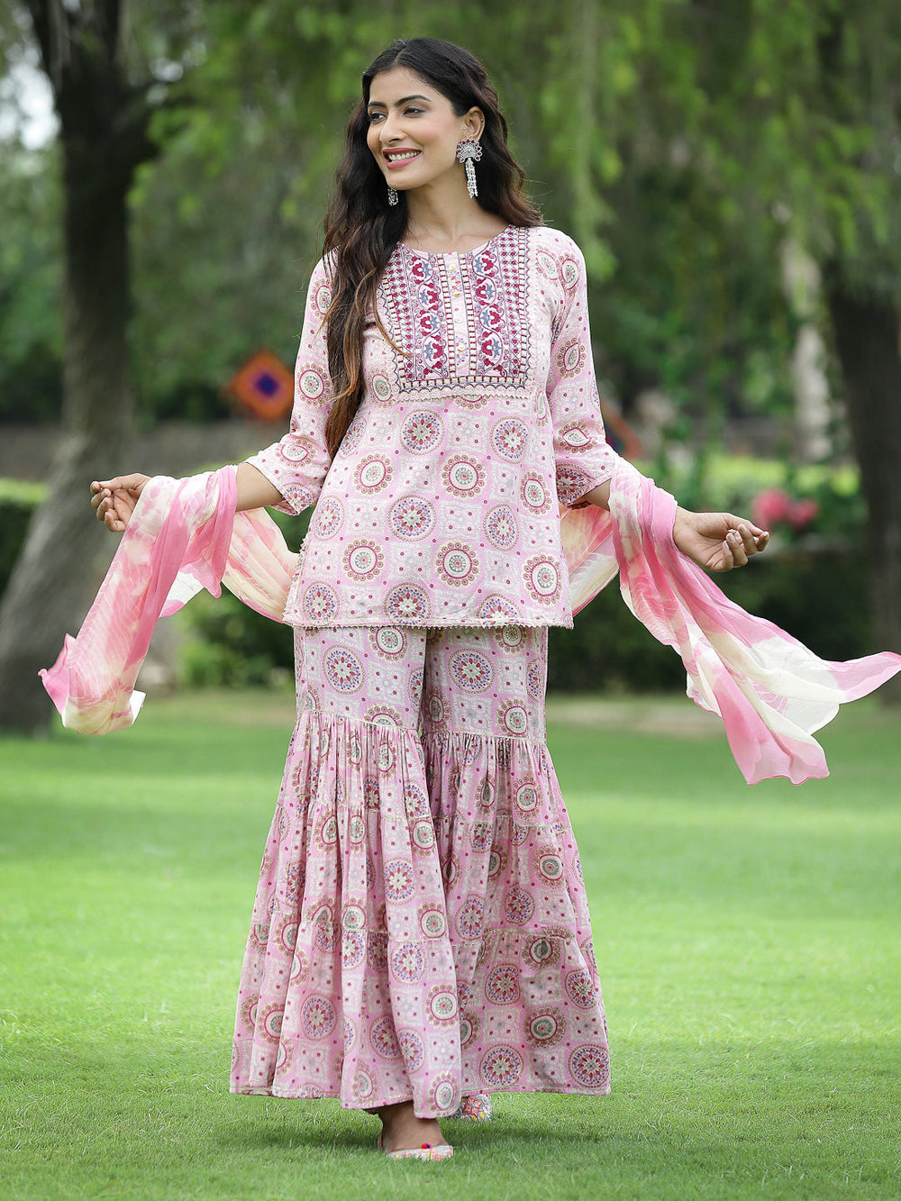 Juniper Pink Muslin Festive Wear Mirror Work Straight Kurta Sharara Dupatta Set - Distacart
