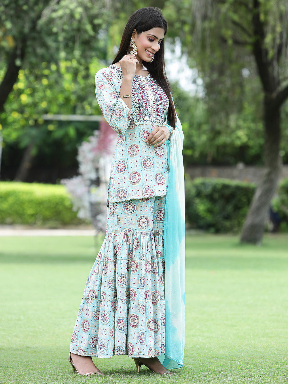 Juniper Skyblue Muslin Festive Wear Mirror Work Straight Kurta Sharara Dupatta Set - Distacart