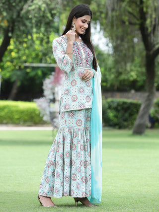 Juniper Skyblue Muslin Festive Wear Mirror Work Straight Kurta Sharara Dupatta Set - Distacart