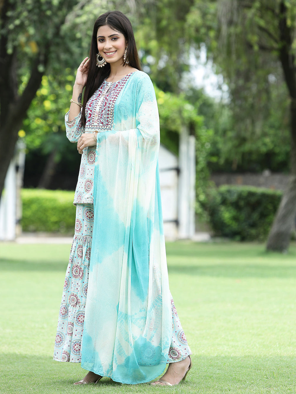 Juniper Skyblue Muslin Festive Wear Mirror Work Straight Kurta Sharara Dupatta Set - Distacart