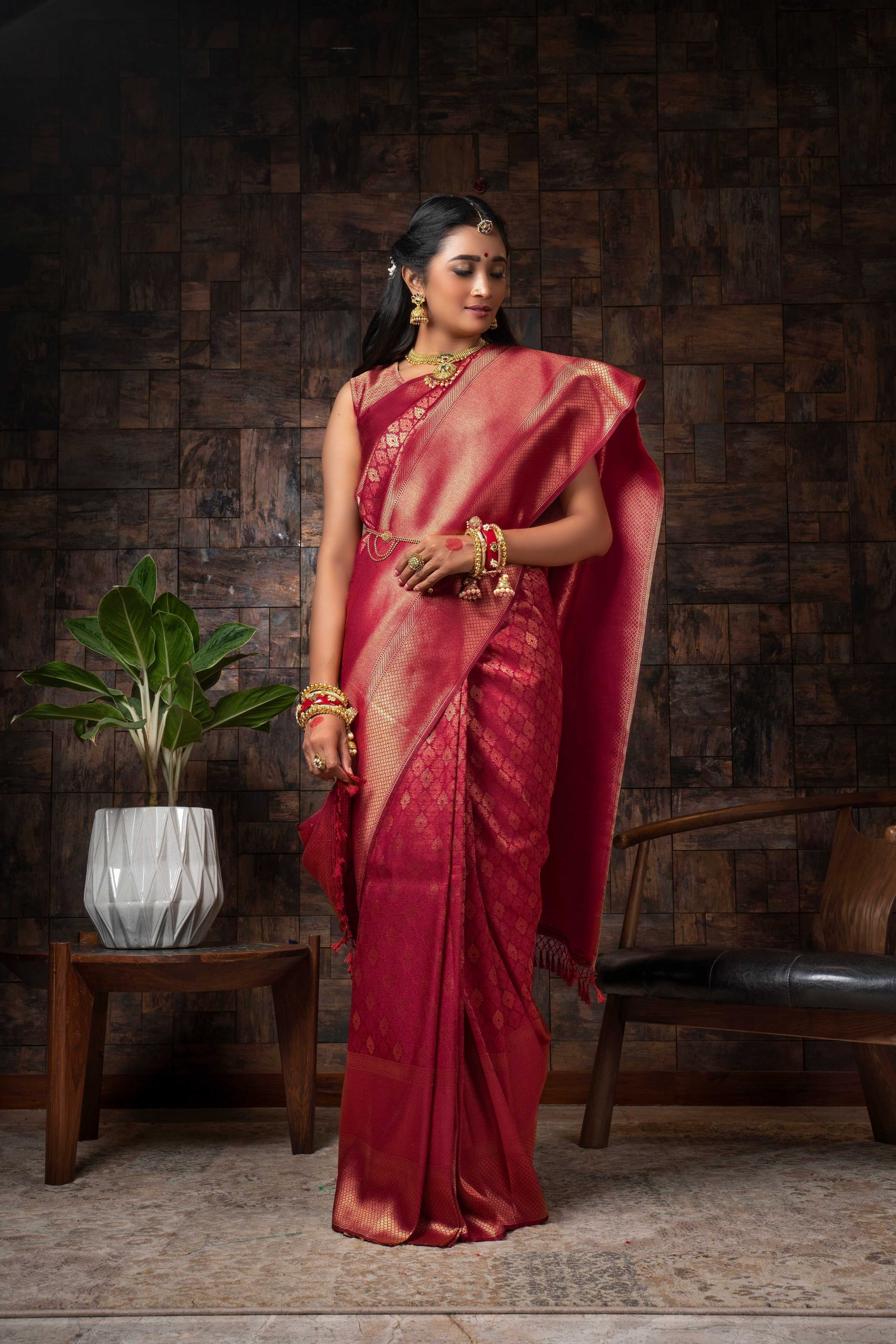 Vardha Persian Red Golden Zari Kanjeevaram Silk Saree