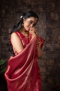 Thumbnail for Vardha Persian Red Golden Zari Kanjeevaram Silk Saree
