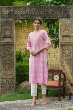 Thumbnail for Juniper Pink Muslin Festive Wear Mirror Work Straight Kurta - Distacart