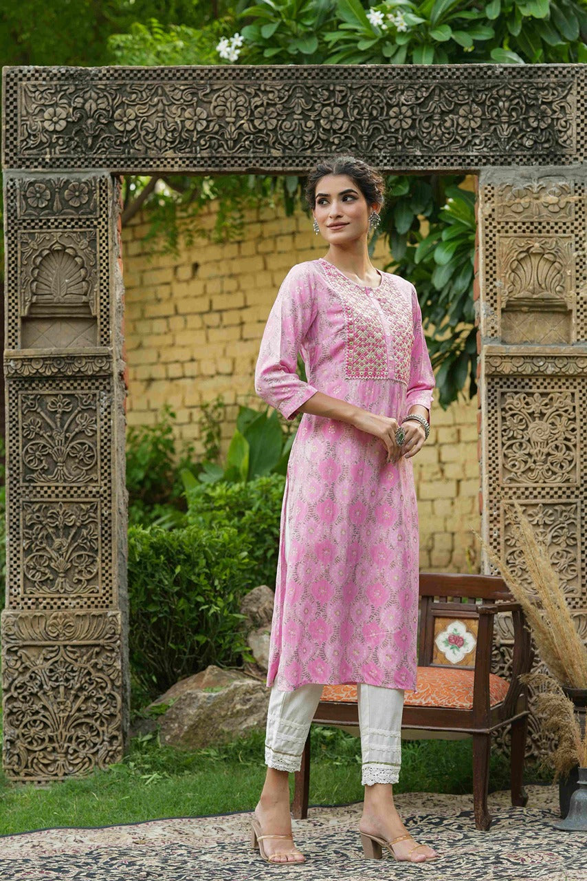Juniper Pink Muslin Festive Wear Mirror Work Straight Kurta - Distacart