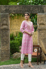 Thumbnail for Juniper Pink Muslin Festive Wear Mirror Work Straight Kurta - Distacart