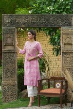 Thumbnail for Juniper Pink Muslin Festive Wear Mirror Work Straight Kurta - Distacart