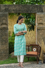 Thumbnail for Juniper Skyblue Muslin Festive Wear Mirror Work Straight Kurta - Distacart