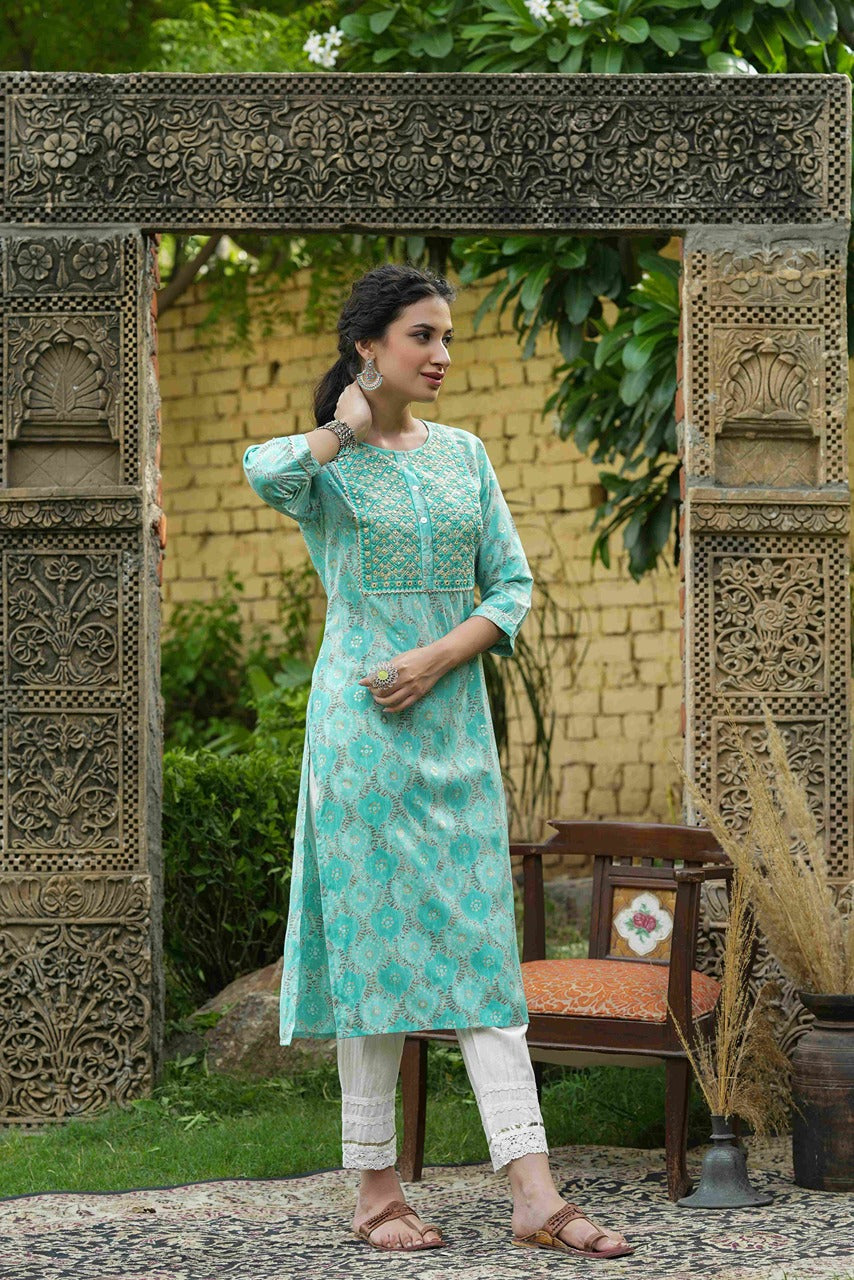 Juniper Skyblue Muslin Festive Wear Mirror Work Straight Kurta - Distacart