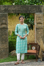 Thumbnail for Juniper Skyblue Muslin Festive Wear Mirror Work Straight Kurta - Distacart