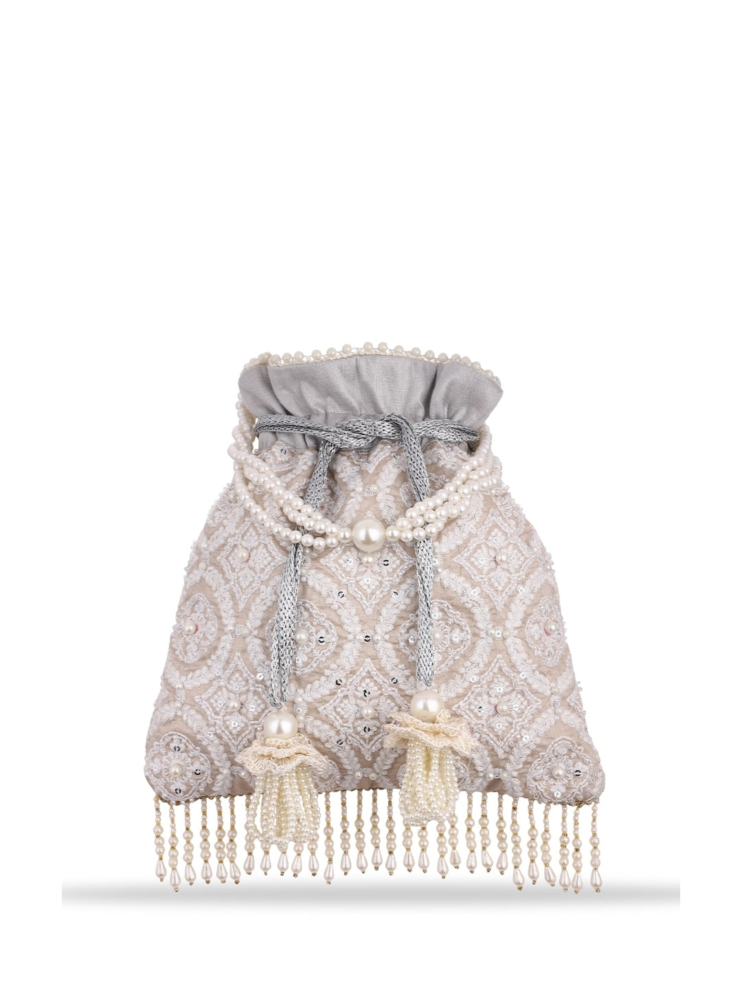 Masq Tan & White Embroidered Potli Clutch - Distacart