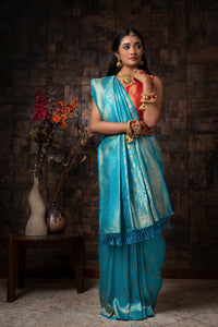 Thumbnail for Vardha Azure Blue Golden Zari Kanjeevaram Silk Saree