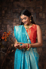 Thumbnail for Vardha Azure Blue Golden Zari Kanjeevaram Silk Saree