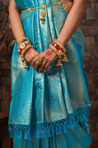 Thumbnail for Vardha Azure Blue Golden Zari Kanjeevaram Silk Saree