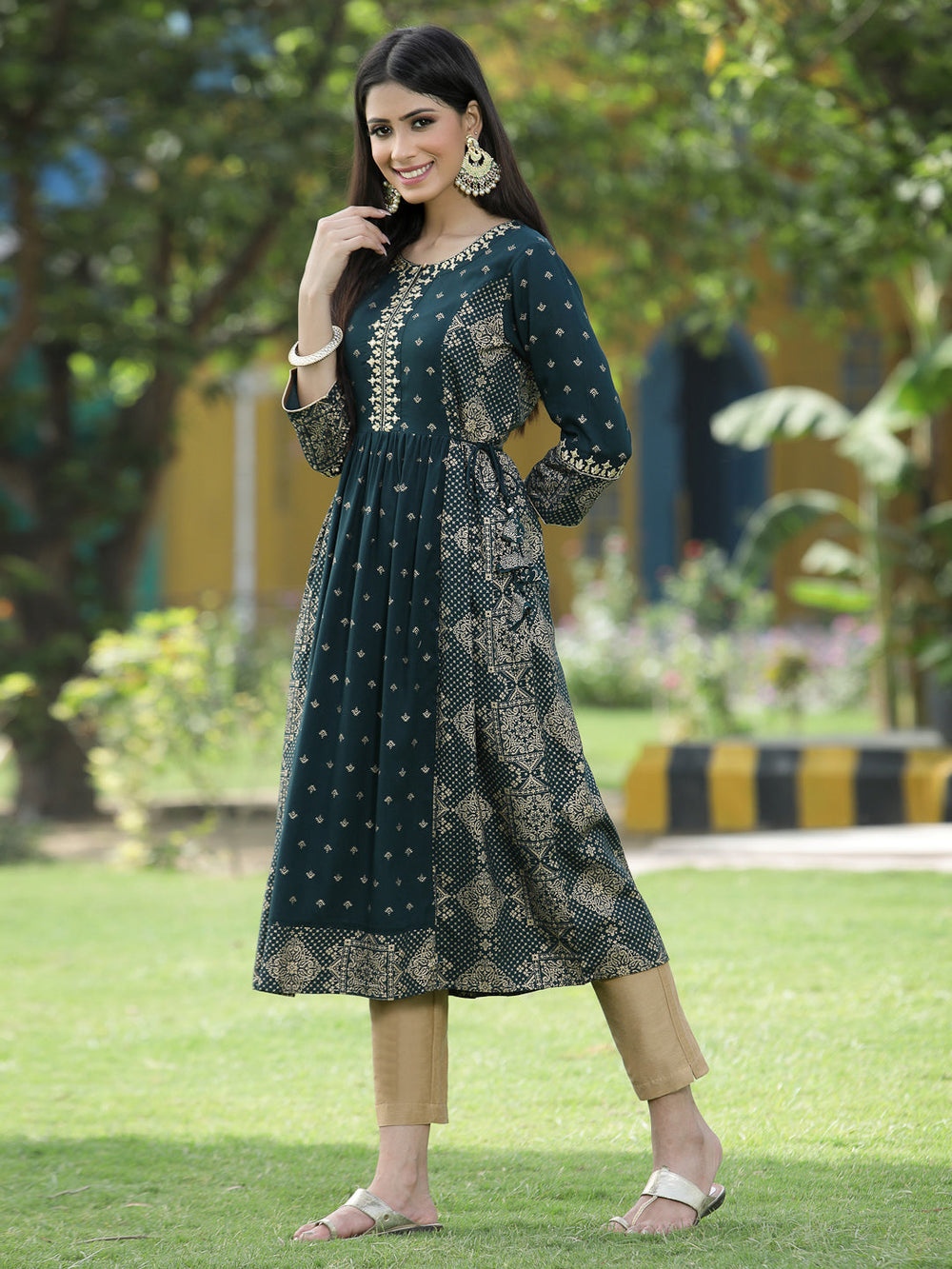 Juniper Green Rayon Festive Wear Printed Flared Kurta - Distacart