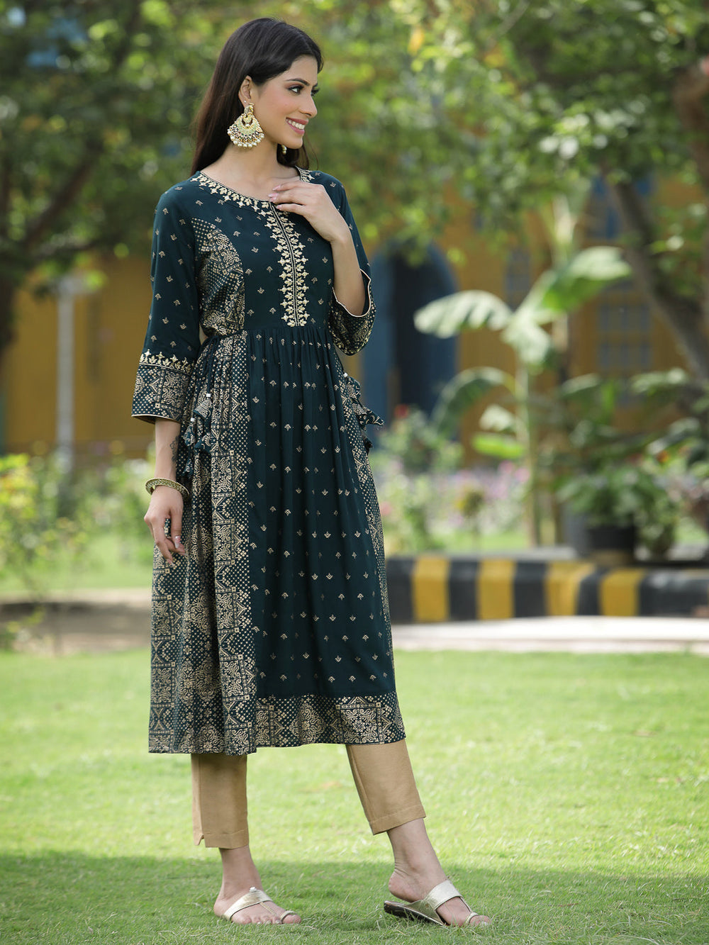 Juniper Green Rayon Festive Wear Printed Flared Kurta - Distacart