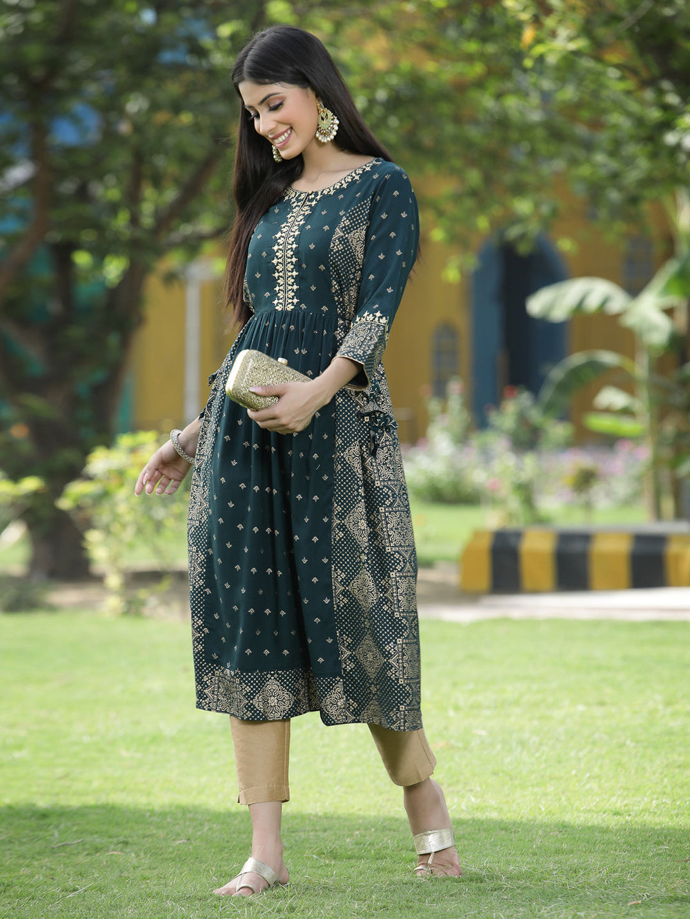 Juniper Green Rayon Festive Wear Printed Flared Kurta - Distacart