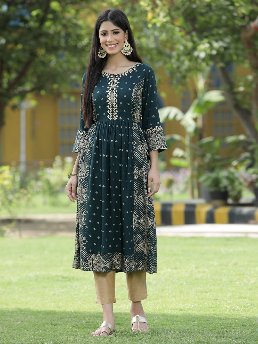 Juniper Green Rayon Festive Wear Printed Flared Kurta - Distacart