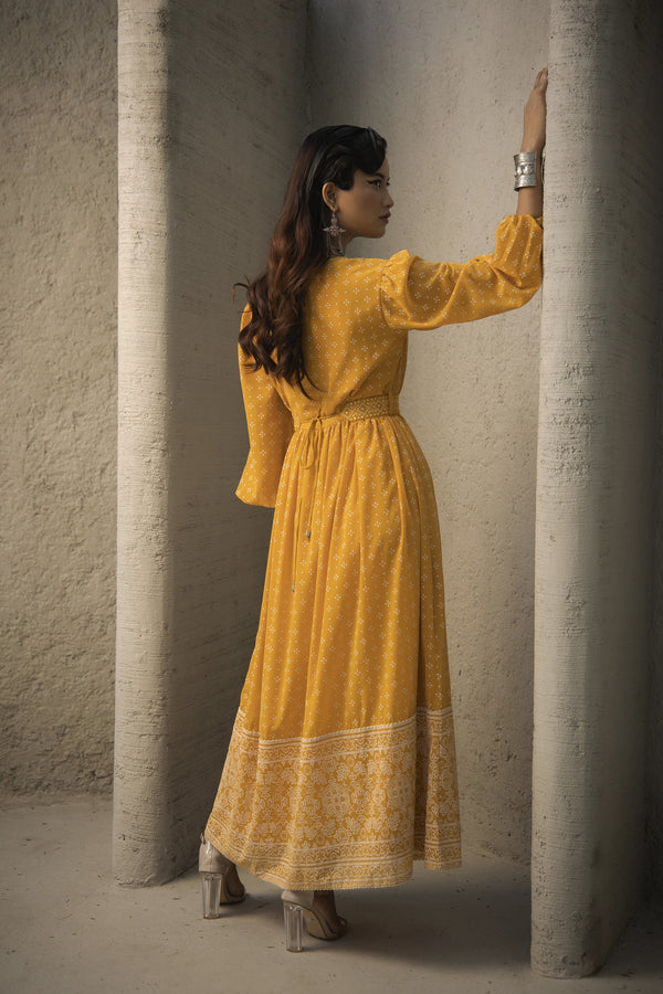 Juniper Mustard Georgette Festive Khadi Print Flared Dress For Women - Distacart