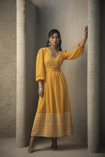 Thumbnail for Juniper Mustard Georgette Festive Khadi Print Flared Dress For Women - Distacart