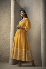 Thumbnail for Juniper Mustard Georgette Festive Khadi Print Flared Dress For Women - Distacart