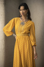 Thumbnail for Juniper Mustard Georgette Festive Khadi Print Flared Dress For Women - Distacart