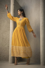 Thumbnail for Juniper Mustard Georgette Festive Khadi Print Flared Dress For Women - Distacart