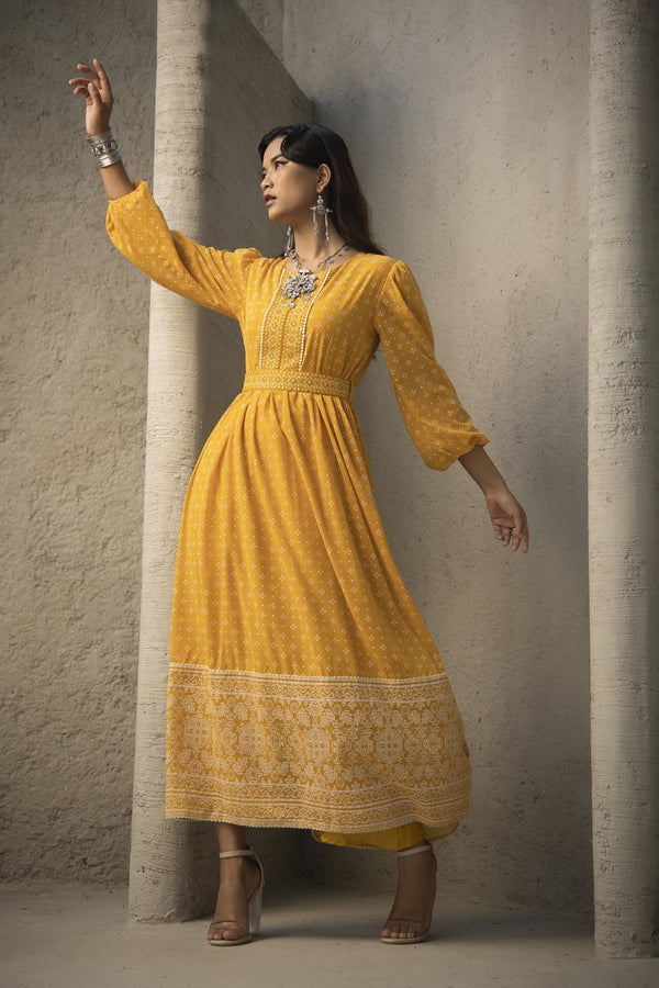 Juniper Mustard Georgette Festive Khadi Print Flared Dress For Women - Distacart
