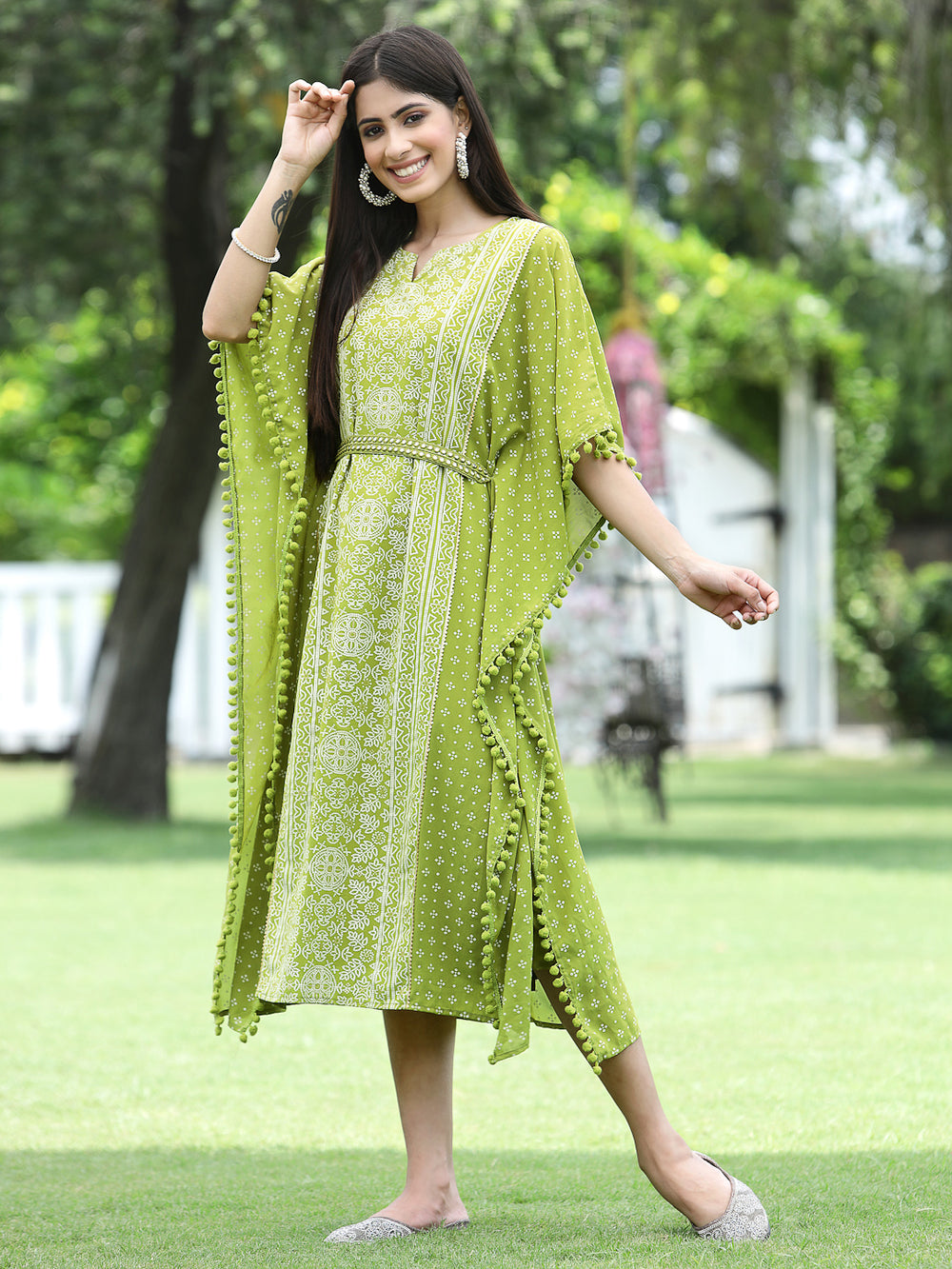 Juniper Green Georgette Festive Bandhej Printed Straight Kaftan For Women - Distacart