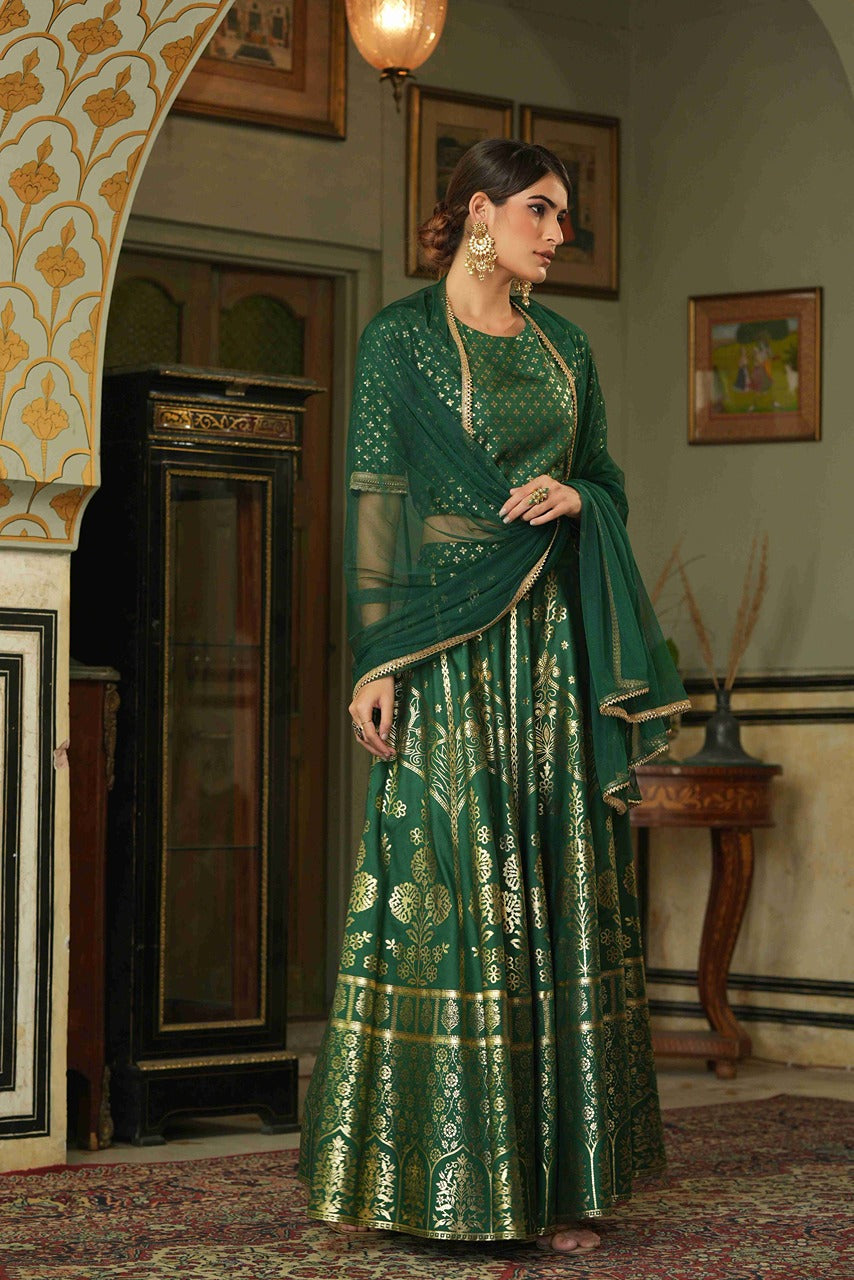 Juniper Green Santoon Slub Festive Foil Printed Straight Lehnga Choli Set For Women - Distacart