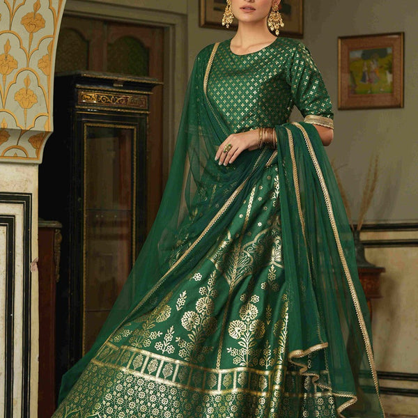 Juniper Green Santoon Slub Festive Foil Printed Straight Lehnga Choli Set For Women - Distacart