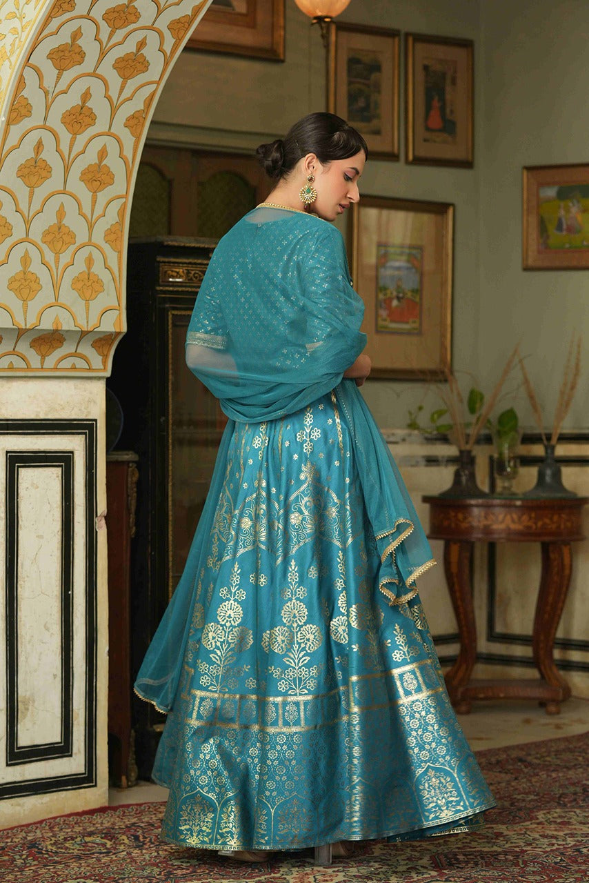 Juniper Teal Santoon Slub Festive Foil Printed Straight Lehnga Choli Set For Women - Distacart