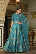 Thumbnail for Juniper Teal Santoon Slub Festive Foil Printed Straight Lehnga Choli Set For Women - Distacart