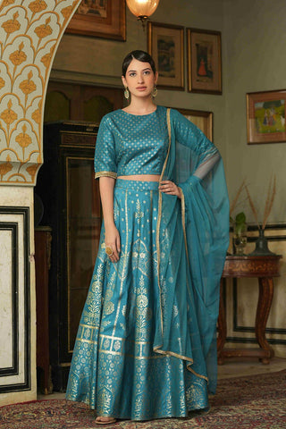 Juniper Teal Santoon Slub Festive Foil Printed Straight Lehnga Choli Set For Women - Distacart