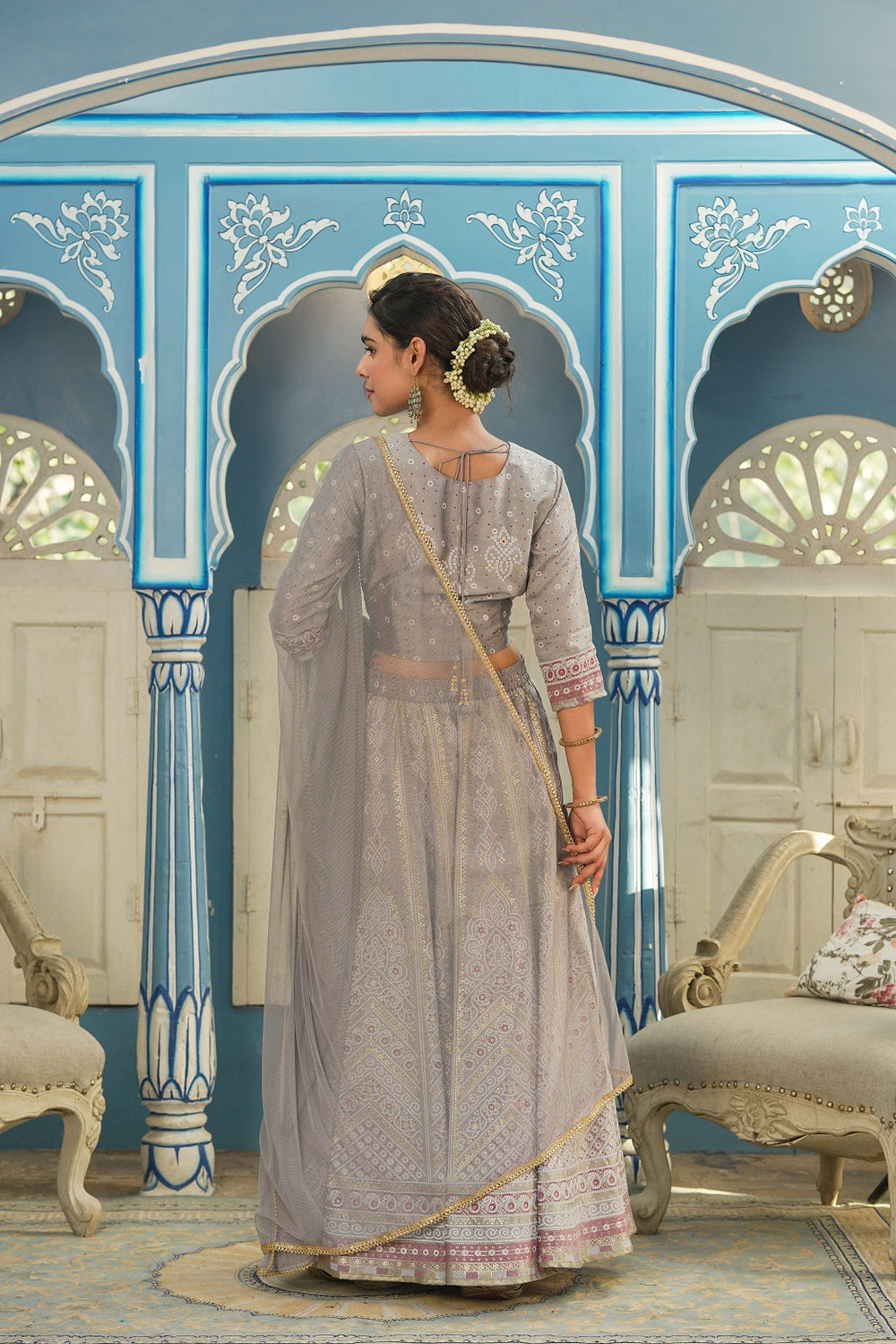 Juniper Grey Santoon Slub Festive Foil Printed Straight Lehnga Choli Set For Women - Distacart