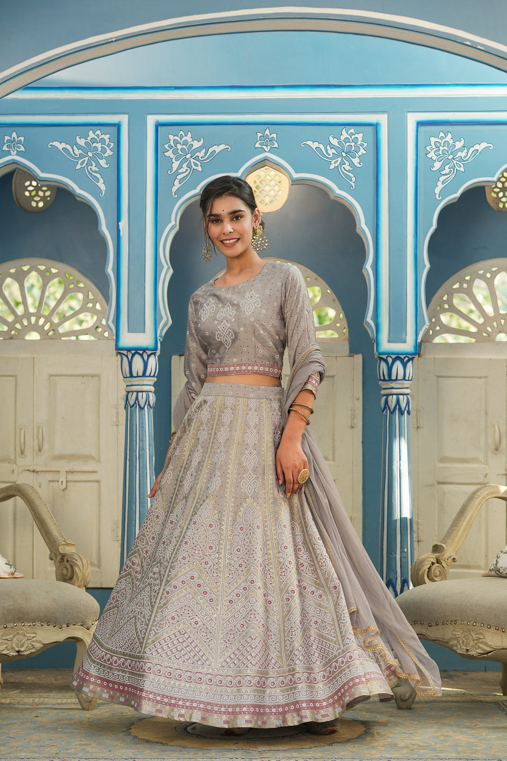 Juniper Grey Santoon Slub Festive Foil Printed Straight Lehnga Choli Set For Women - Distacart