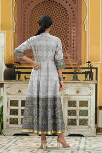 Thumbnail for Juniper Grey Shantoon Festive Khadi Print Foil Print Flared Dress For Women - Distacart
