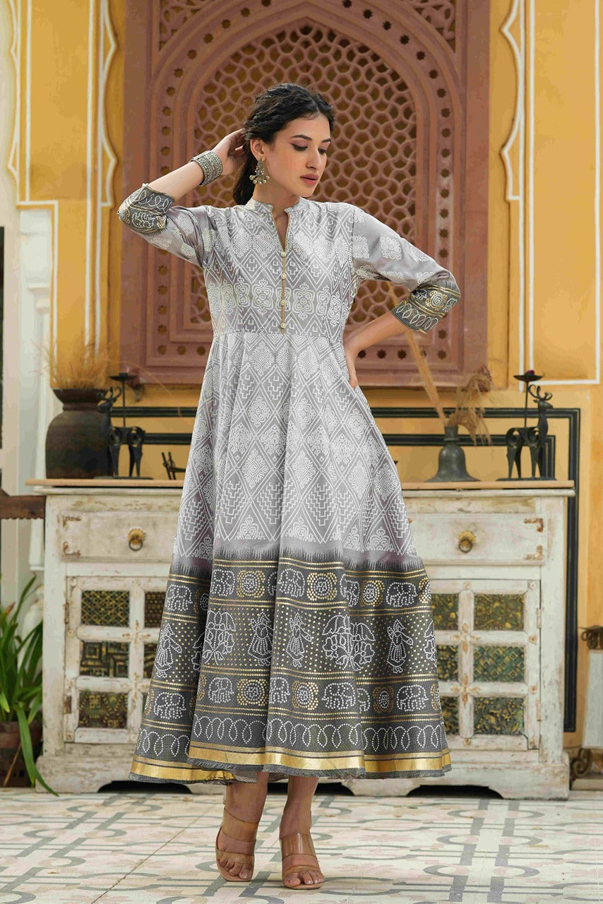 Juniper Grey Shantoon Festive Khadi Print Foil Print Flared Dress For Women - Distacart