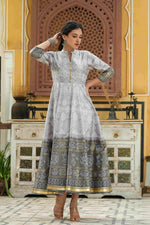 Thumbnail for Juniper Grey Shantoon Festive Khadi Print Foil Print Flared Dress For Women - Distacart