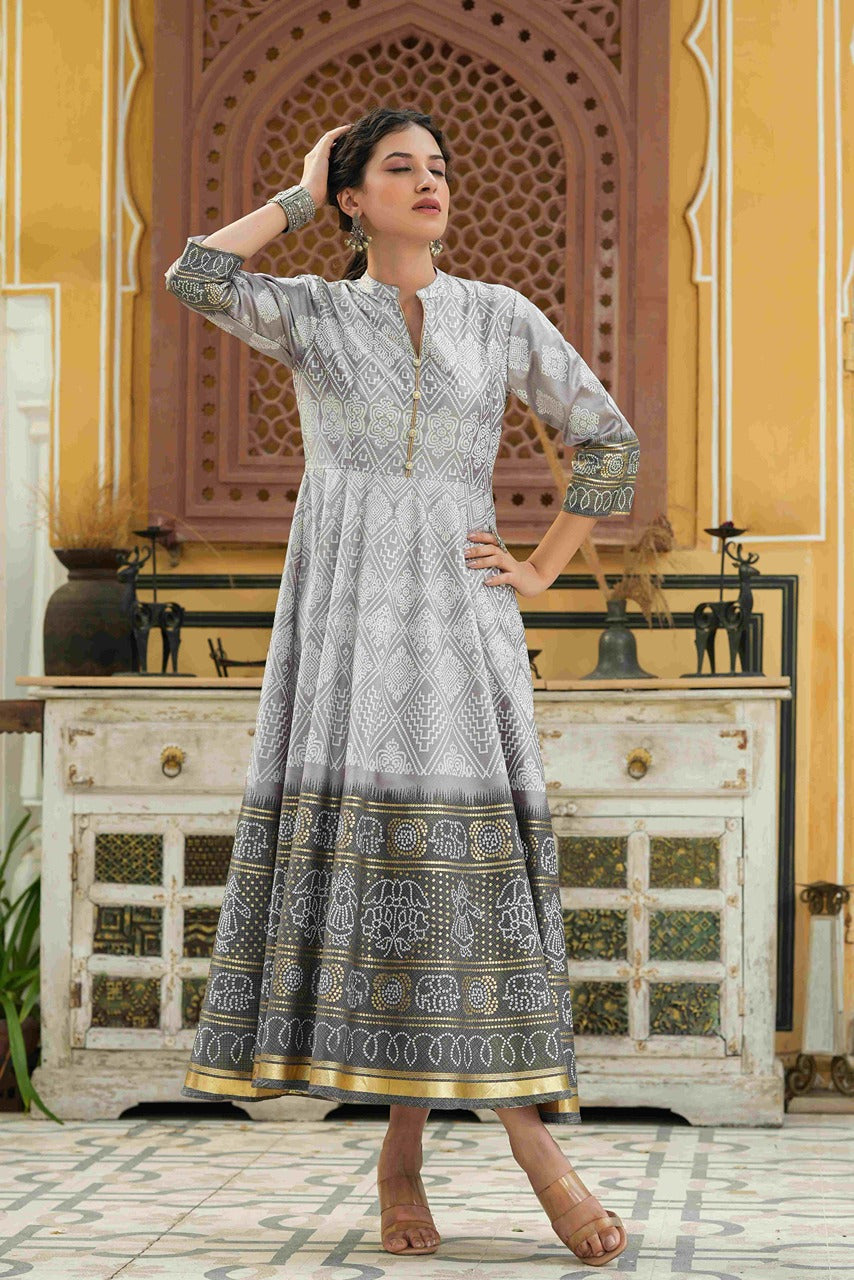Juniper Grey Shantoon Festive Khadi Print Foil Print Flared Dress For Women - Distacart
