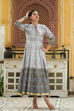 Thumbnail for Juniper Grey Shantoon Festive Khadi Print Foil Print Flared Dress For Women - Distacart