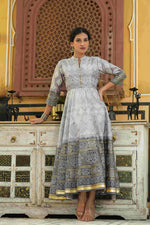 Thumbnail for Juniper Grey Shantoon Festive Khadi Print Foil Print Flared Dress For Women - Distacart
