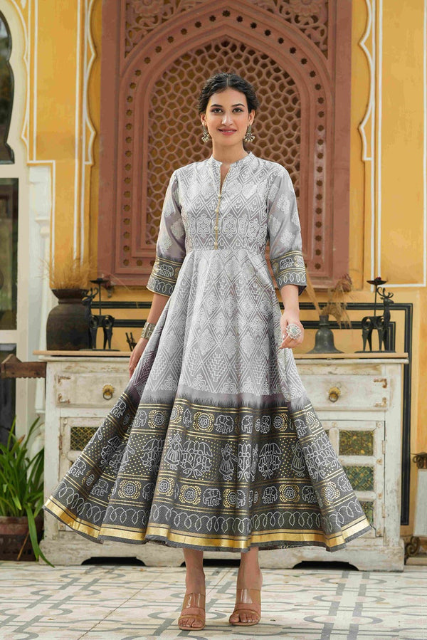 Juniper Grey Shantoon Festive Khadi Print Foil Print Flared Dress For Women - Distacart