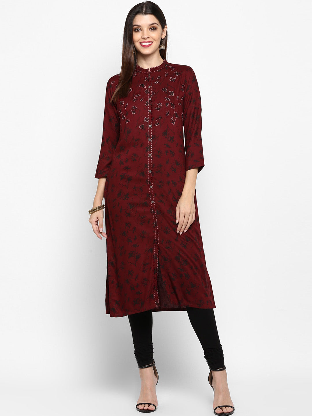 Kalini Women Maroon Floral Embroidered Thread Work Floral Kurta - Distacart
