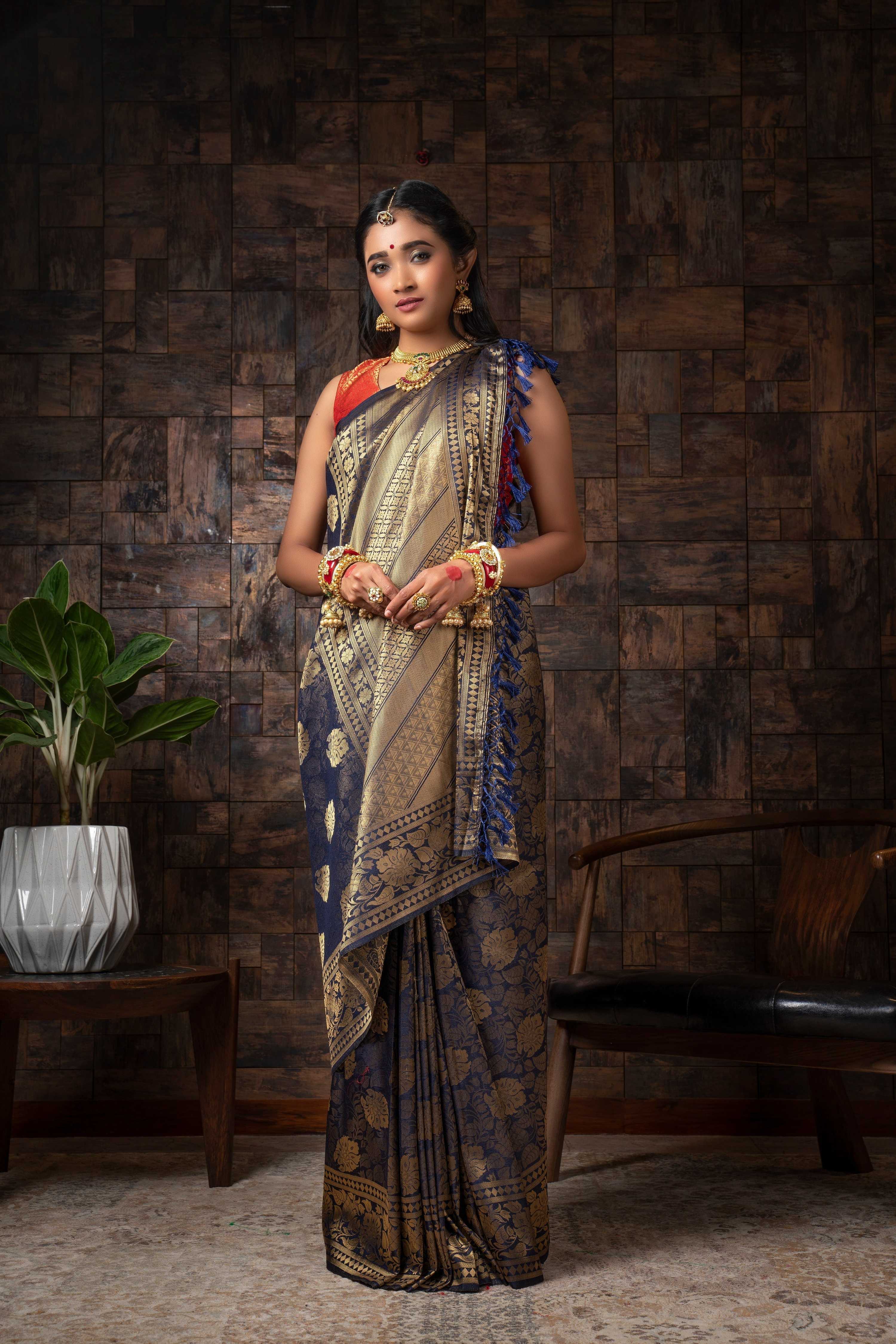 Vardha Sapphire Blue Golden Zari Kanjeevaram Silk Saree